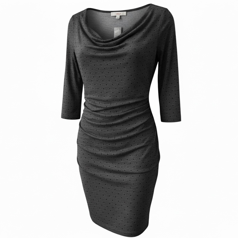 Loft NWT grey polka dot cowl neck dress, medium